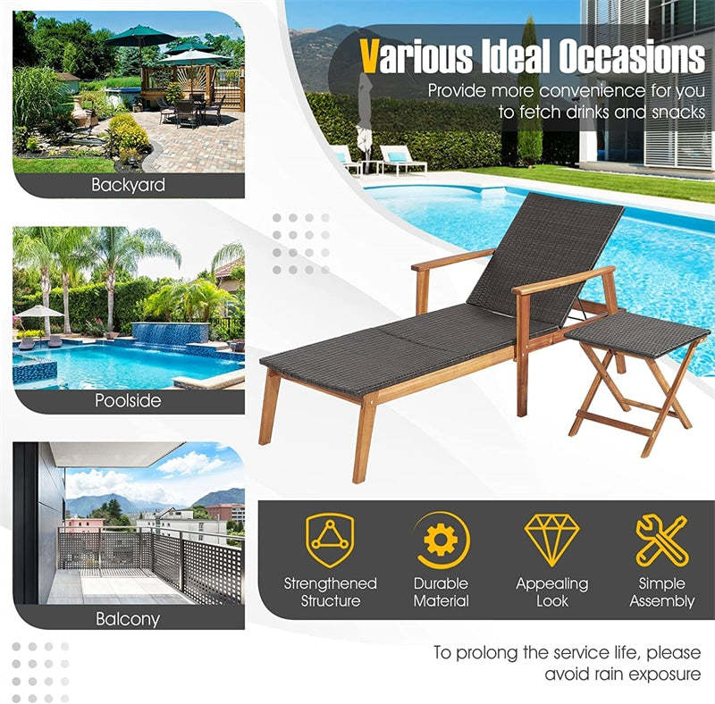 2-Piece Outdoor Wicker Chaise Lounge & Table Set 4-Position Adjustable Patio Recliner Chair with Folding Side Table & Acacia Frame