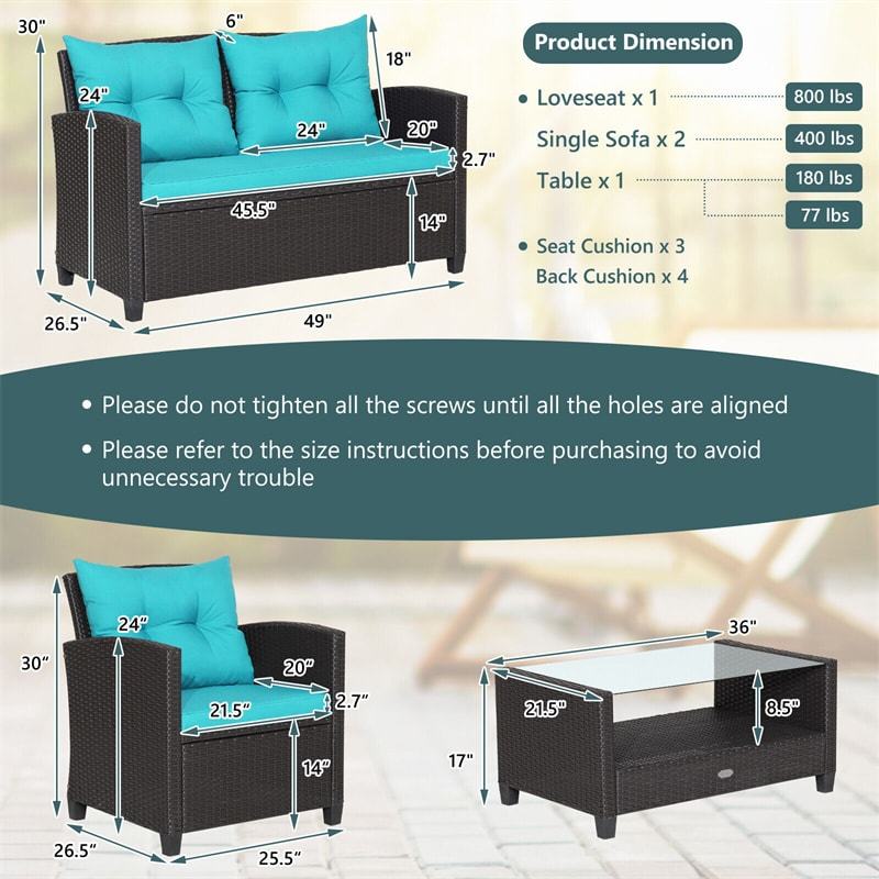4 Piece Outdoor Rattan Furniture Set, Patio Conversation Set with Lower Shelf Coffee Table, Loveseat, 2 Cushioned Chairs for Garden Backyard