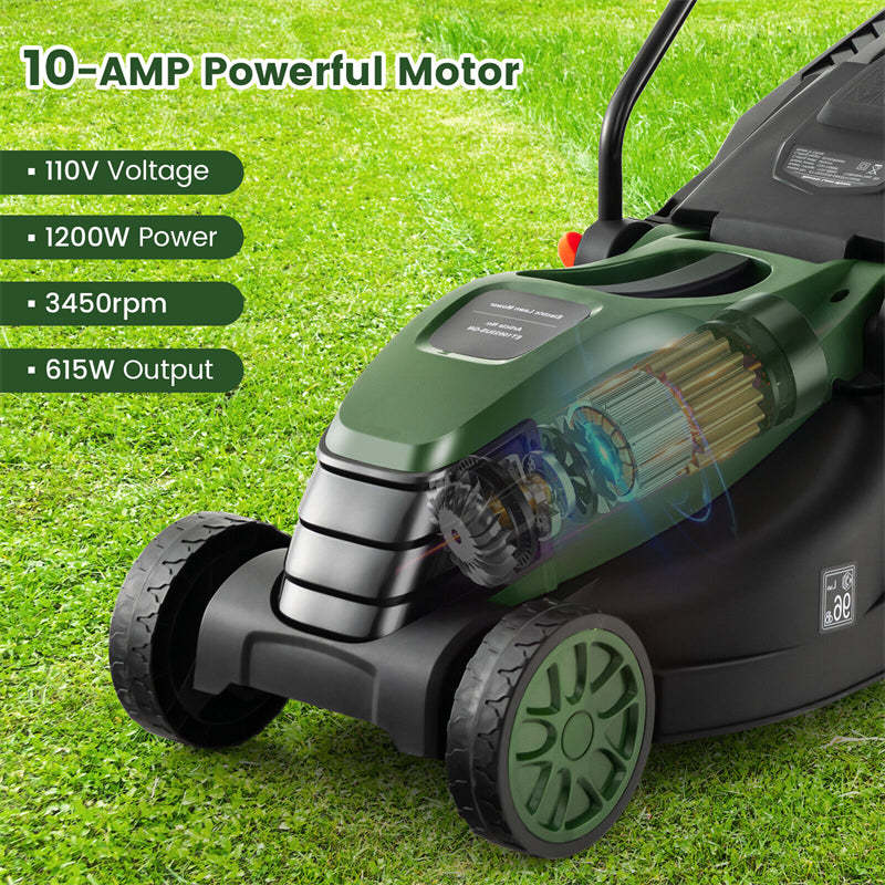 13" Corded Electric Lawn Mower 10-AMP 2-in-1 Walk-Behind Push Lawnmower with Collection Box & 3 Adjustable Height Position