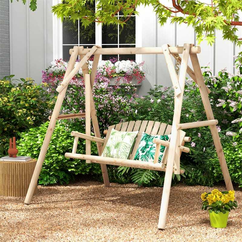 770lbs A-Frame Wooden Patio Swing with Stand, Reinforced Bars & Curved Back, Rustic Torched Log Porch Swing for Garden, Backyard