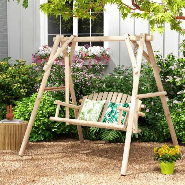 770lbs A-Frame Wooden Patio Swing with Stand, Reinforced Bars & Curved Back, Rustic Torched Log Porch Swing for Garden, Backyard