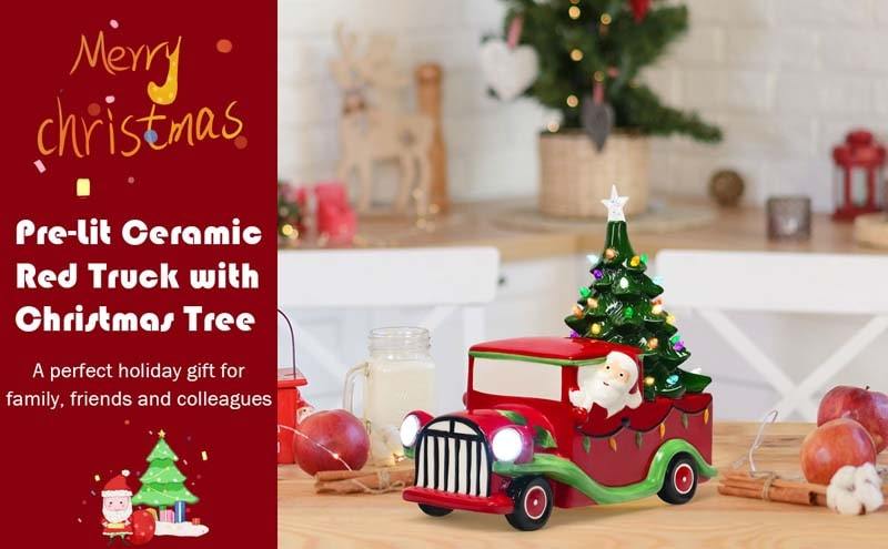 Vintage Tabletop Pre-Lit Ceramic Red Truck with Christmas Tree
