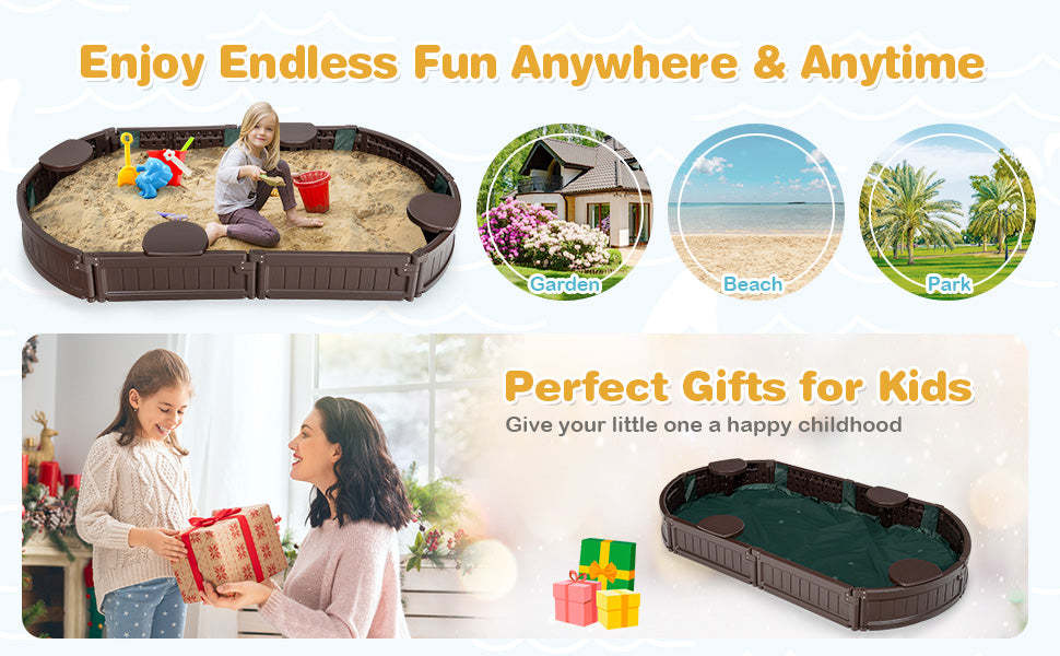 Kids Outdoor Playset Sandbox with Detachable Corner Seats Bottom Liner Dust Cover