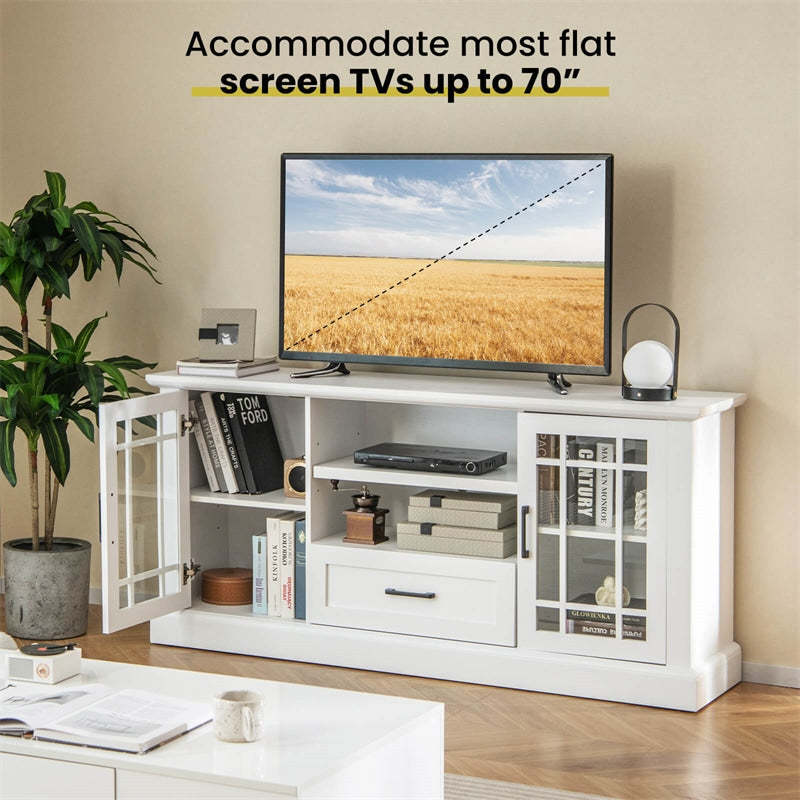 Farmhouse TV Stand for TVs up to 70", Entertainment Center Tall Media Console with 2 Glass Doors, Cubbies & Drawer, Living Room Storage Cabinet