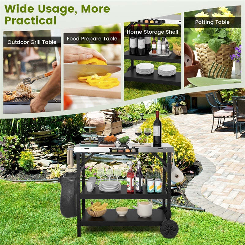 Movable Outdoor Grill Cart Stainless Steel 3-Tier Food Prep Table with Spice Rack, Garbage Bag Holder & 4 Hooks
