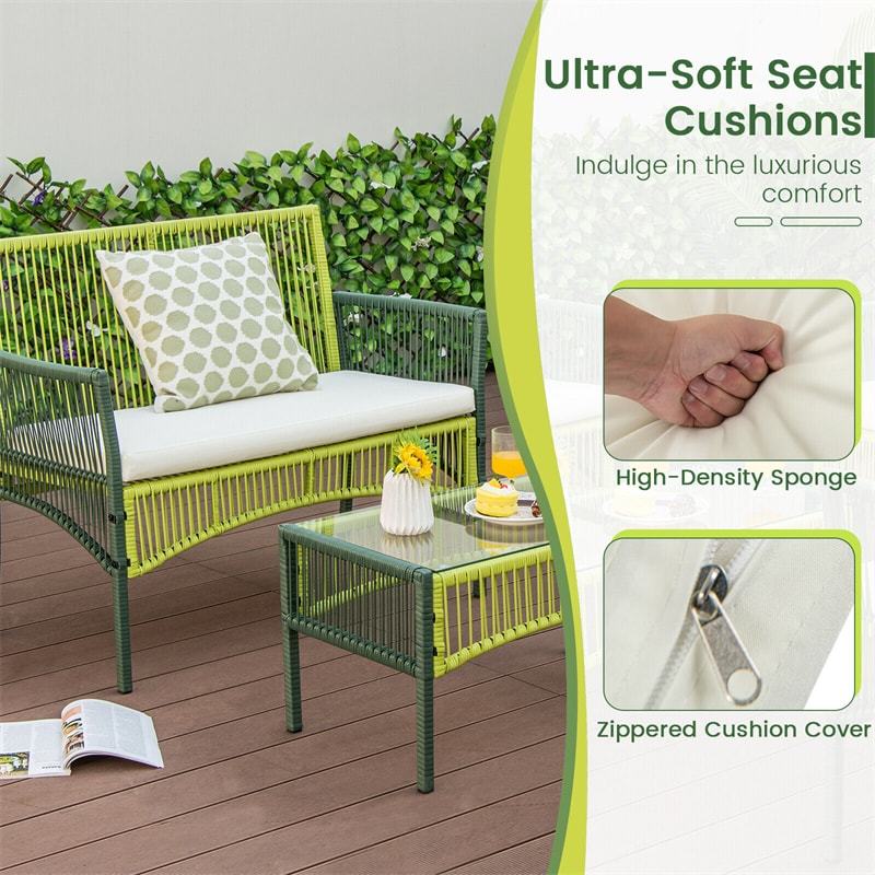 4 Piece Outdoor Rattan Chair Set Metal Frame Wicker Patio Conversation Set with Soft Cushions & Tempered Glass Side Table