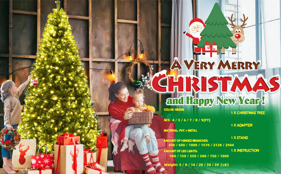 Pre-lit Artificial Christmas Tree Hinged Xmas Tree Auto-Spread/Close up Branch 11 Flash Modes