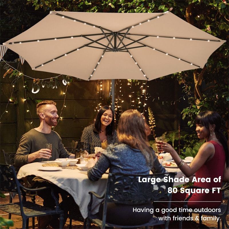 10FT Solar Offset Patio Umbrella, Hanging Cantilever Umbrella with 32 LED Lights, Adjustable Tilt, Sand Bag Base for Garden, Poolside, Yard