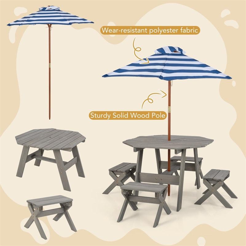 Kids Picnic Table & Bench Set, Fir Wood Octagon Table with Chairs & Removable Umbrella, Toddler Activity Furniture for Patio Garden Backyard