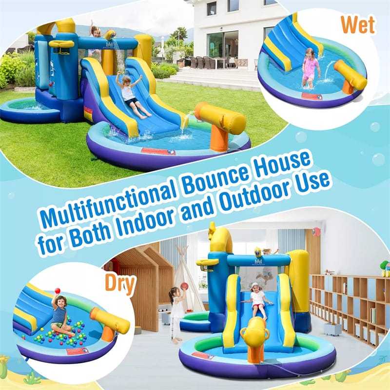 Inflatable Water Slide Ocean Theme Bounce House Water Park with Surfing Slide, 2 Splash Pools, 735W Blower, Water Cannon for Kids Indoor Outdoor Party