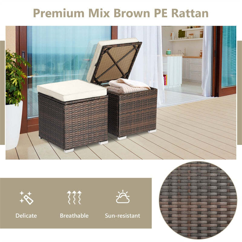 2PCS Wicker Patio Ottomans Hand-Woven PE Rattan Multipurpose Outdoor Footstool Side Table with Removable Cushions & Hidden Storage Box