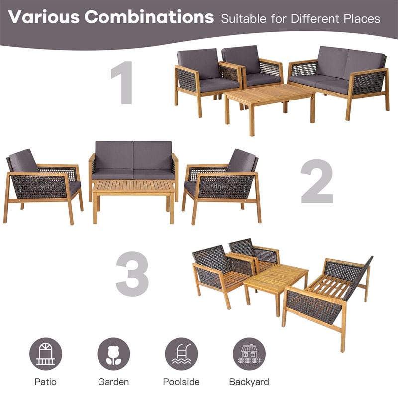 4 Piece Patio Rattan Conversation Set with Acacia Wood Table & Soft Cushions