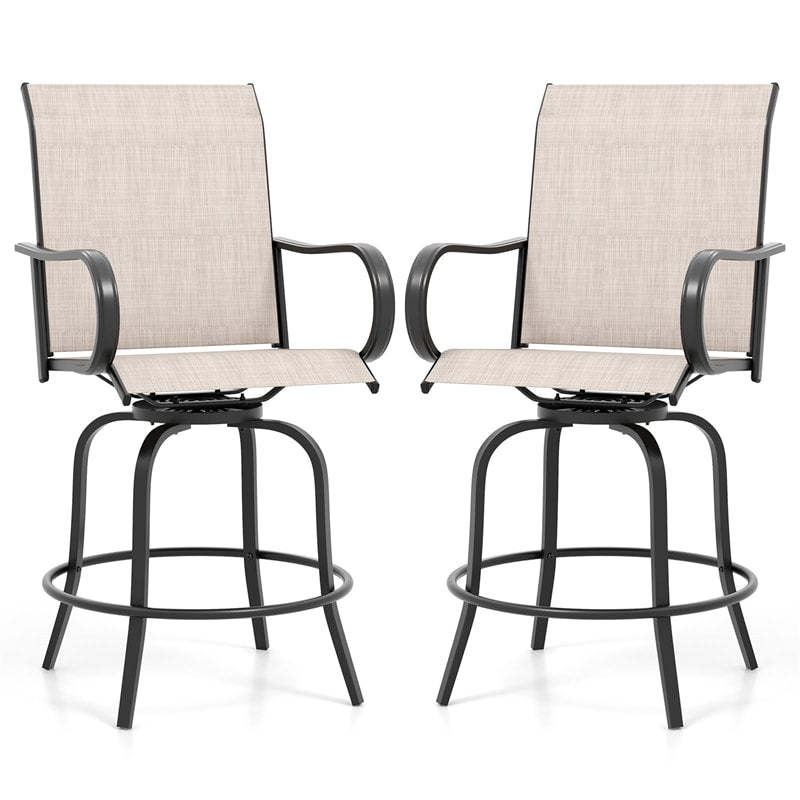 Outdoor Swivel Bar Stools Set of 2, All-Weather Steel Frame Bar Height Patio Chairs with Curved Armrests, High Back & Cozy Footrest
