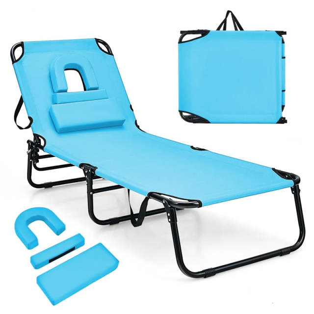 Folding Beach Chaise Lounge Chair, 5-Position Adjustable Sunbathing Recliner with Face Hole, Removable Pillows, Carry Strap, 350LB Support