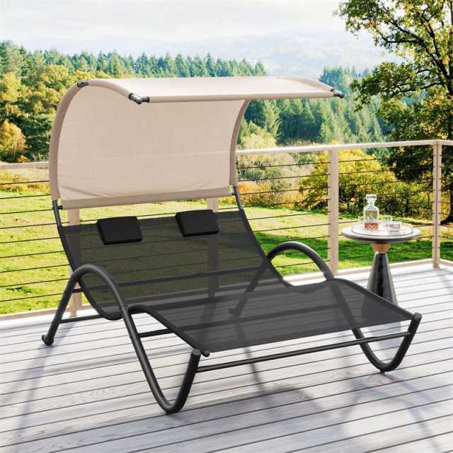 2 Person Lounge Chair with Sunshade Canopy, Large Outdoor Double Chaise Lounge Hammock Chair Sun Lounger with Removable Pillows & Wheels