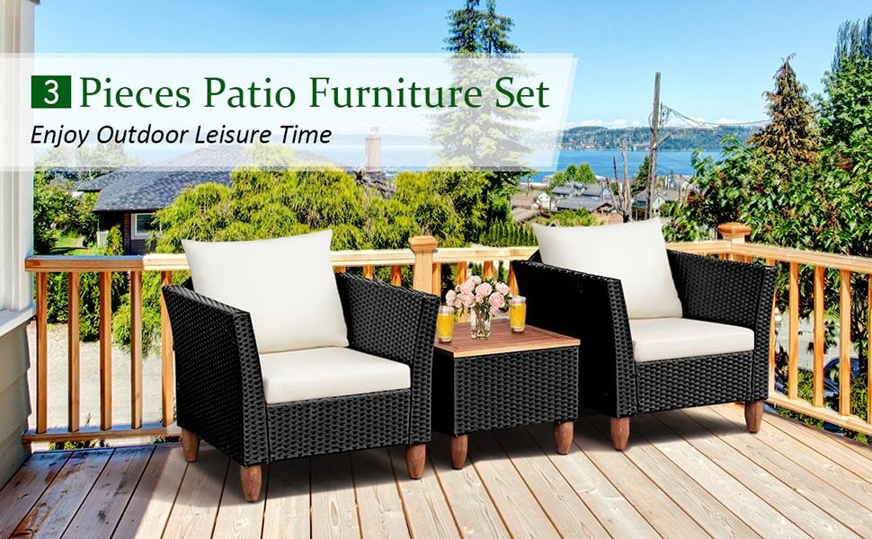 3 Piece Patio Rattan Conversation Set Outdoor Wicker Furniture Set Bistro Sofa Set with Acacia Wood Top Coffee Table & Cushions