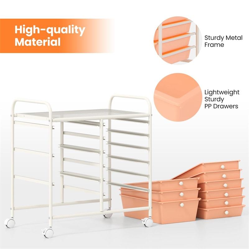9-Drawer Rolling Storage Cart, Mobile Art & Craft Supply Organizer on Wheels, Metal Frame, Drawer Utility Cart for Classroom Office Home Salon