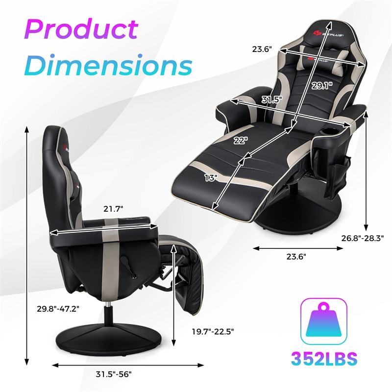 Gaming Recliner Adjustable Height Massage Gaming Chair with Retractable Footrest & Cup Holder, Ergonomic Swivel Video Game Chair Recliner Sofa