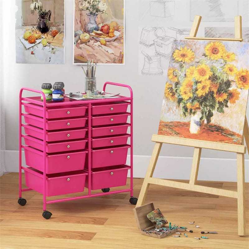 12-Drawer Rolling Storage Cart, Multipurpose Organizer Cart with Lockable Casters, Mobile Utility Cart for School Office Beauty Salon