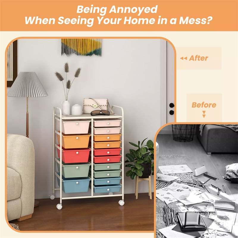 15-Drawer Rolling Storage Cart, Mobile Organizer with Wheels for Office, School, Craft, Tools, Scrapbook Paper, Storage Drawer Cart