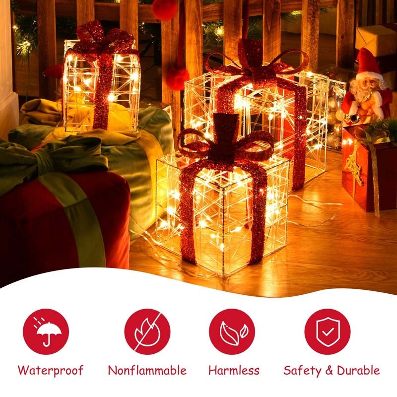 3PCS Christmas Lighted Gift Boxes, LED Xmas Decorative Boxes with 60 Lights & Waterproof Plug, Indoor/Outdoor Holiday Presents Set