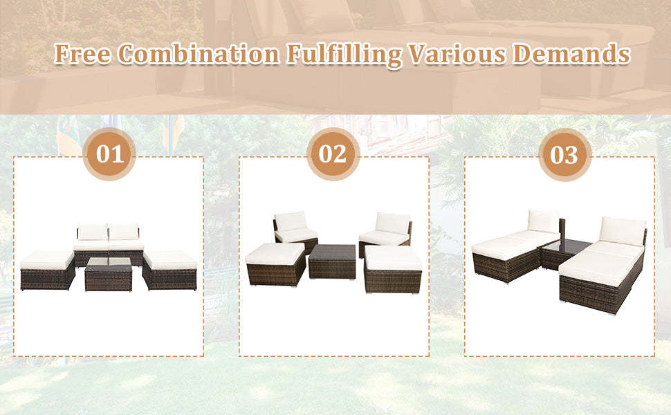 5 Piece Rattan Outdoor Furniture Wicker Lounge Chair Set with Glass Coffee Table & Soft Cushions