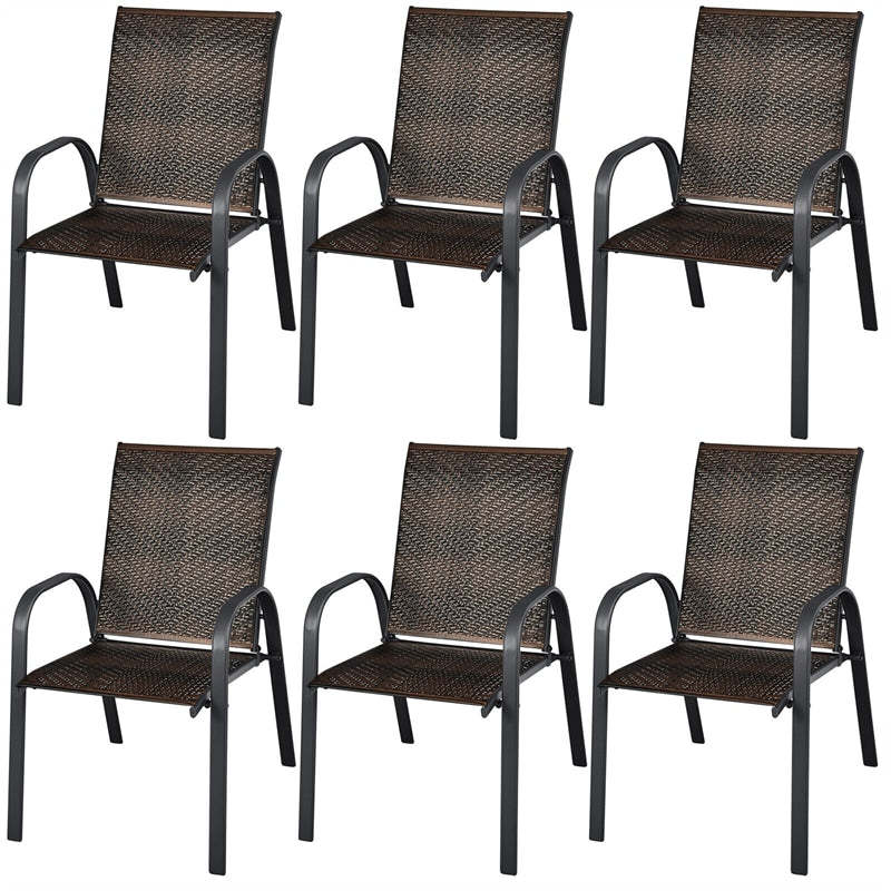 Outdoor Stackable Chairs Set of 6 PE Wicker Patio Dining Chairs with Armrest Sturdy Steel Frame & for Garden Yard Deck Lawn