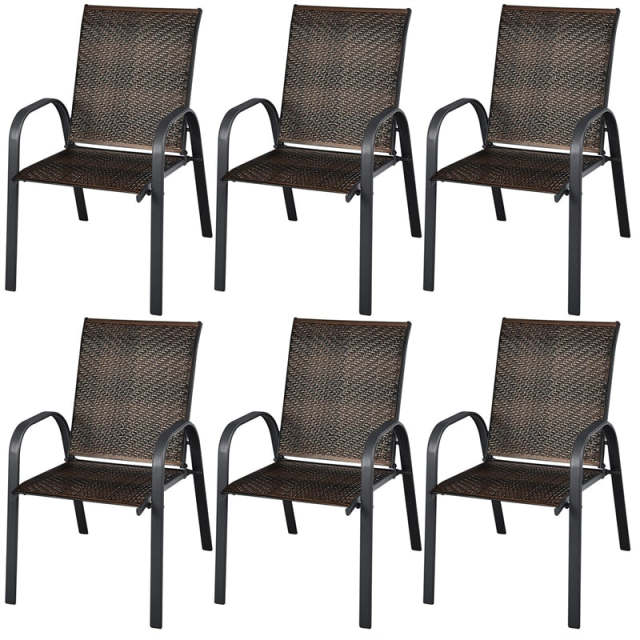 Outdoor PE Wicker Stackable Chairs Set of 6, Patio Rattan Dining Chairs with Armrest & Sturdy Steel Frame for Garden, Backyard, Deck, Lawn