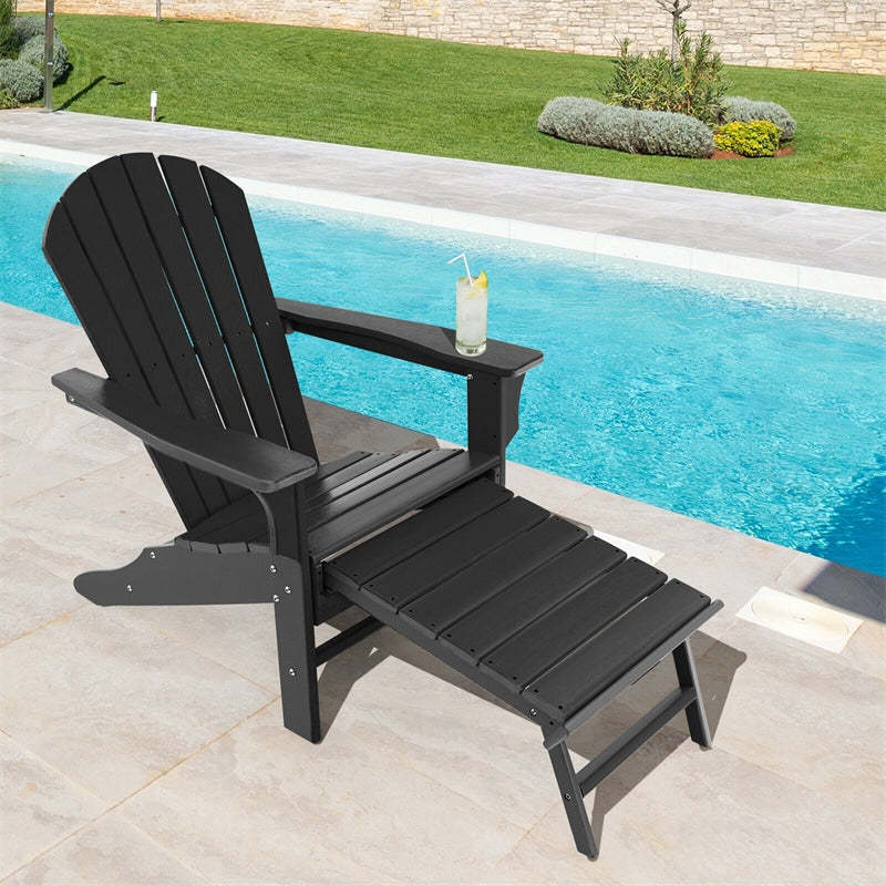 Outdoor HDPE Adirondack Chair, Weather Resistant Fire Pit Chair with Retractable Ottoman & 330 LBS Capacity for Patio, Backyard, Poolside