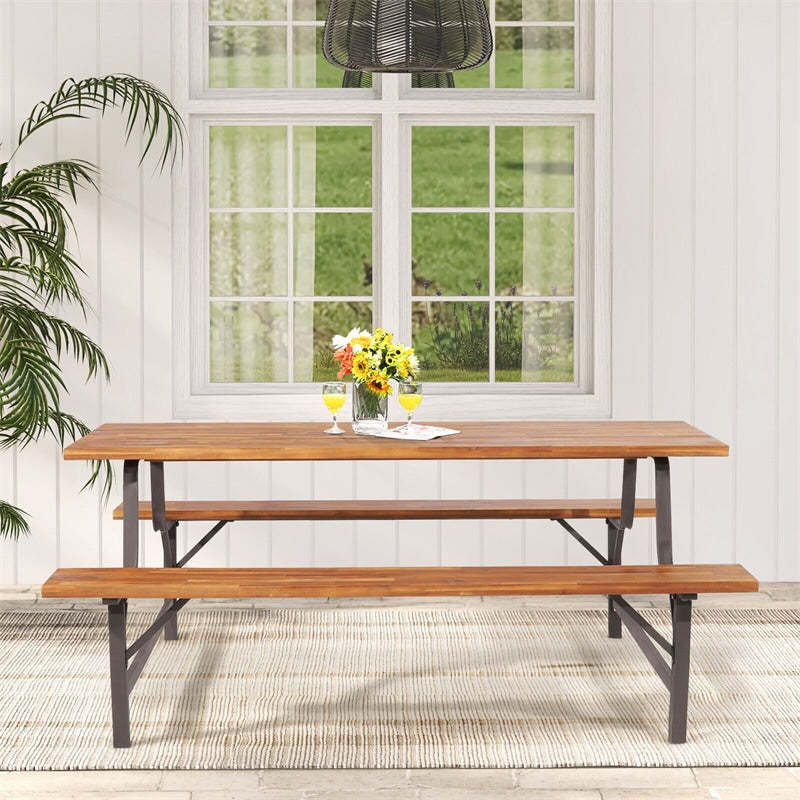 Acacia Wood Picnic Table Bench Set for 4-6 Persons, 6FT Large Camping Table Outdoor Dining Table with Built-in Benches, Umbrella Hole, 800Lbs Capacity