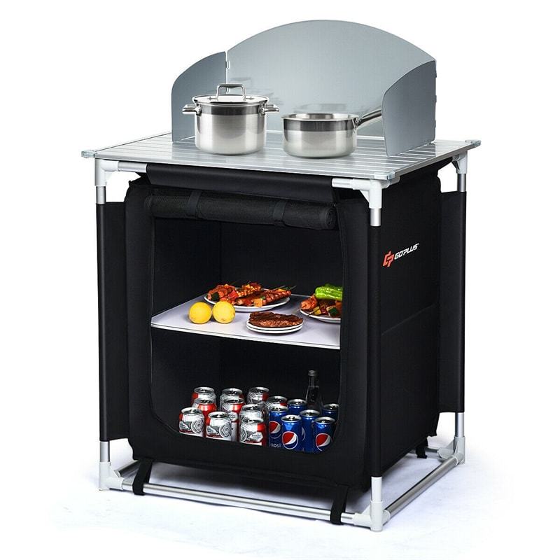 Portable Camping Kitchen Outdoor Cooking Table with Storage Shelves