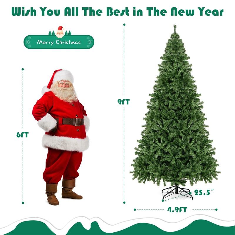 9FT Unlit Artificial Christmas Tree, Premium Hinged Spruce Tree with 2132 Branch Tips & Metal Stand, Easy Assembly Xmas Tree for Home Holiday Decor