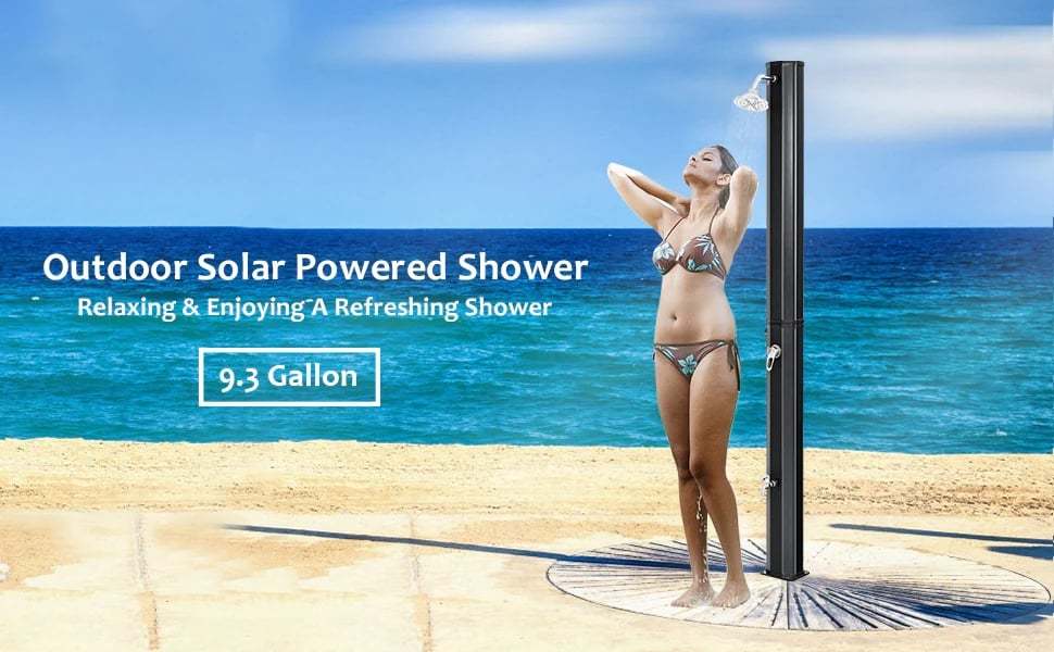 7.2FT Outdoor Shower 9.3 Gallon Solar Heated Shower with 360° Swivel Shower Head & Foot Shower, Pool Spa Solar Shower for Garden Poolside Beach Yard