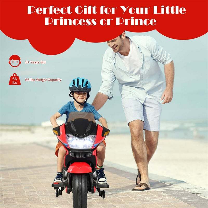 12V Kids Ride-On Motorcycle with Training Wheels, LED Lights & Foot Pedal, Battery-Powered Electric Ride On Motorbike for Boys/Girls Ages 3+