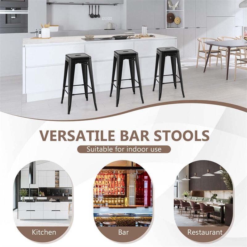 Stackable Backless Metal Bar Stools Set of 4 30” Bar Height Stools with Rubber Footpads & Handling Hole for Kitchen Dining Room