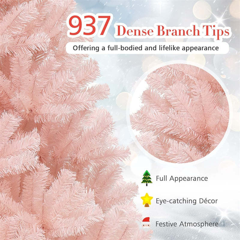 7FT Pink Artificial Christmas Tree Unlit Hinged Spruce Xmas Full Tree with Foldable Metal Stand, 937 Branch Tips for Outdoor Indoor Holiday Decor