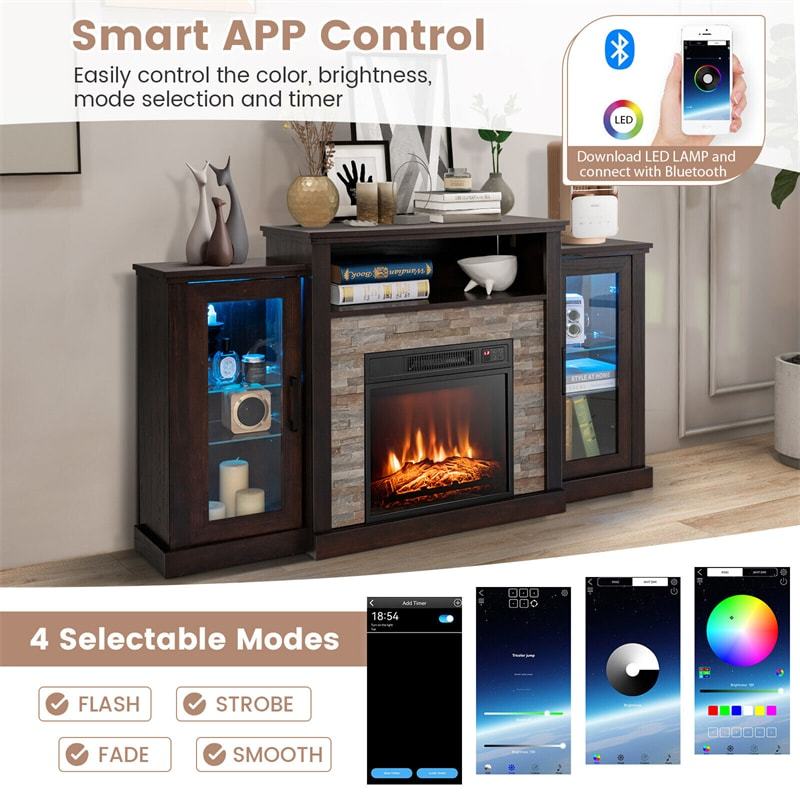 Fireplace TV Stand Mantel for TVs up to 65" with 18" Electric Fireplace, 16-Color LED Lights, Remote & Smart APP Control