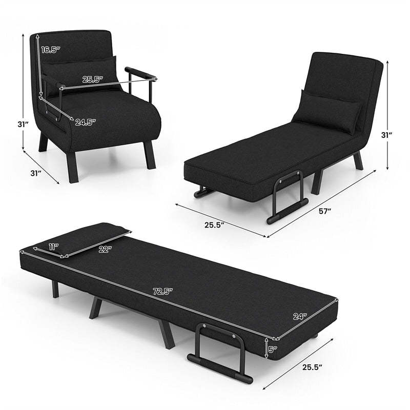Convertible Sleeper Chair, 4-in-1 Folding Sofa Bed 6-Position Adjustable Backrest w/ Pillow, Reclining Chaise Sleeper Sofa for Living Room