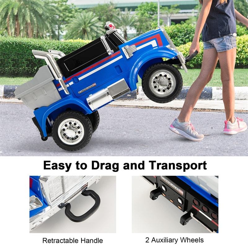 12V Freightliner Kids Ride on Dump Truck with Remote Control Rear Loader Easy-Drag System Lights Music