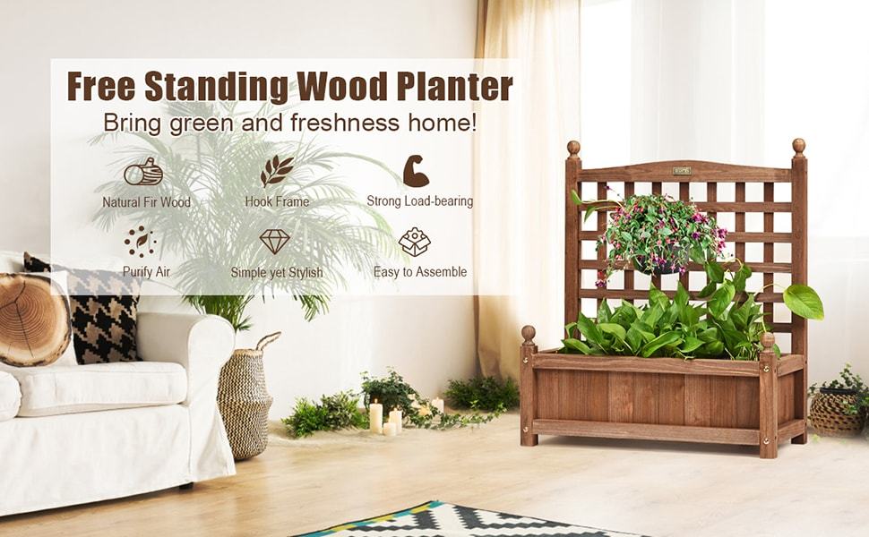 Free Standing Wooden Raised Garden Bed Planter Box with Trellis