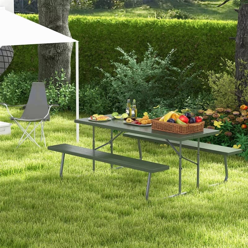 8-Person 6FT Folding Picnic Table & Bench Set, Heavy Duty All-Weather HDPE Outdoor Dining Table with Umbrella Hole & 2 Built-in Benches