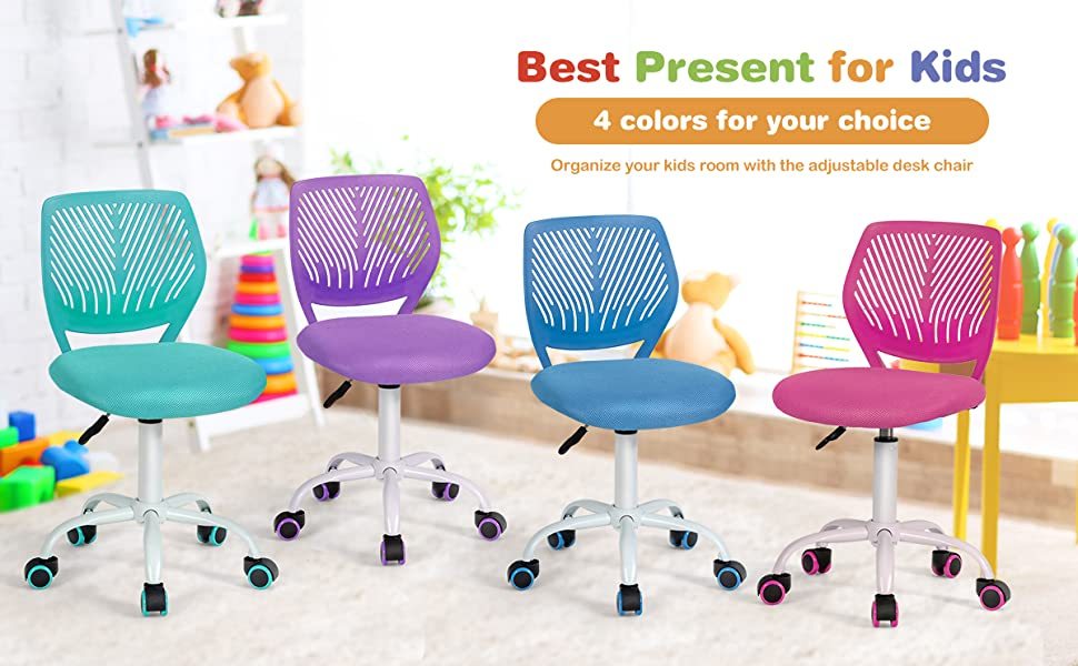 Adjustable Height Kids Desk Chair Mid Back Swivel Armless Office Study Task Chair with Lumbar Support