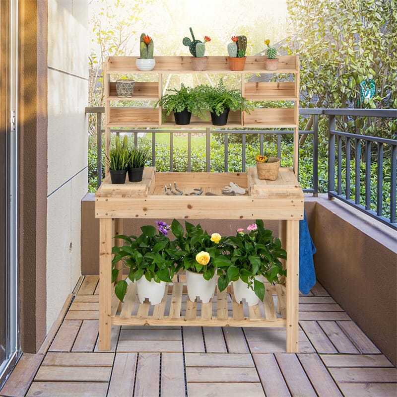 Outdoor Potting Bench, 60.5" Wood Garden Workstation Potting Table with Storage, Flip-Up Tabletop, Shelves & Hanging Hooks for Patio, Porch, Yard