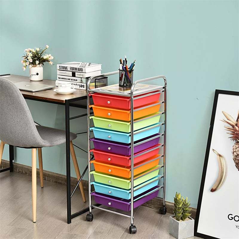 10-Drawer Rolling Storage Cart, Utility Cart with Drawers & Lockable Wheels, Mobile Art Craft Drawer Cart for Home Office, School