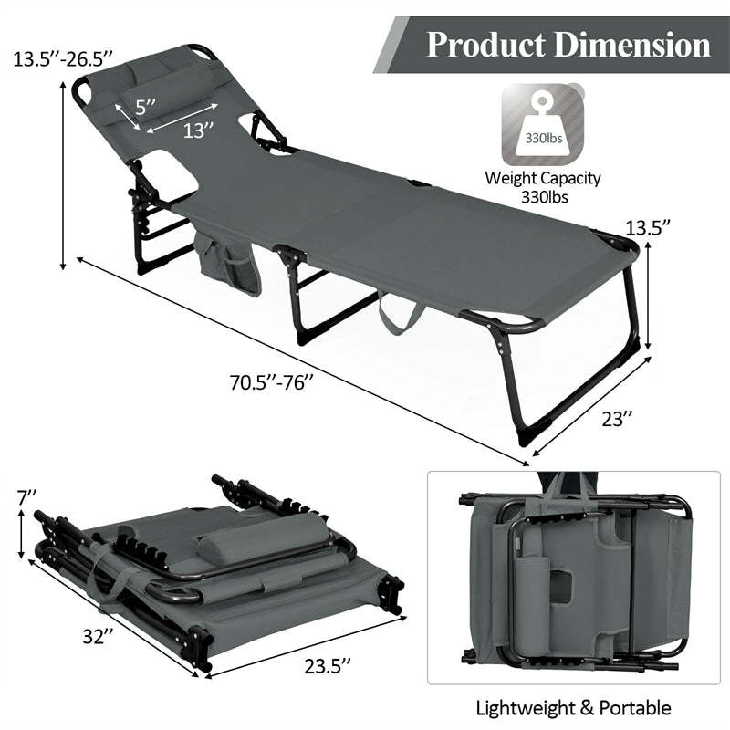 Folding Beach Lounge Chair 5-Position Adjustable Outdoor Tanning Chair with Pillow