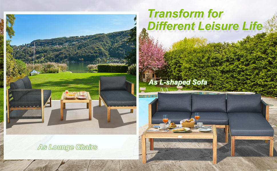 3 Piece Acacia Wood Patio Conversation Set L Shape Outdoor Furniture Set with Coffee Table