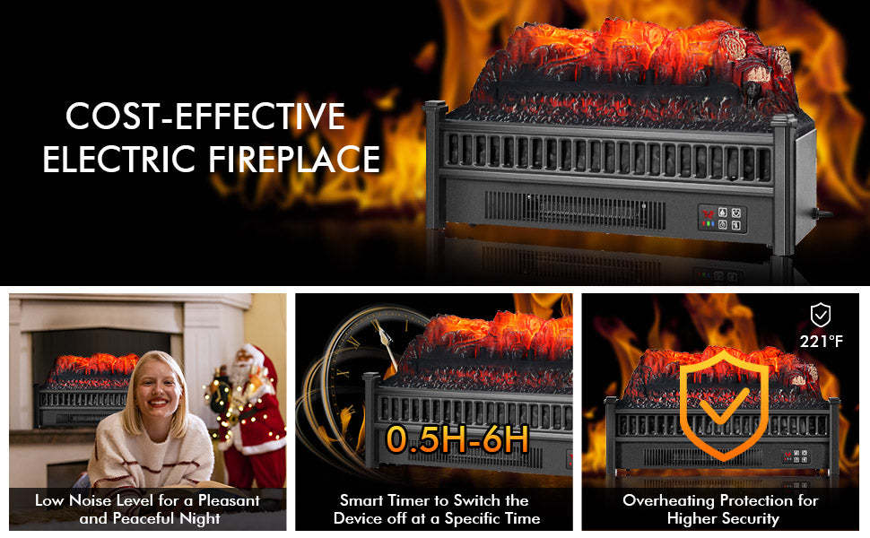 23” Electric Fireplace Log Heater 1400W Fireplace Insert with Remote Control & Realistic Ember Bed
