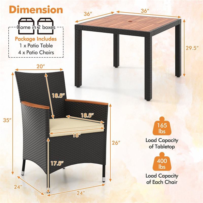 5 Piece Acacia Wood Wicker Patio Dining Set Outdoor Dining Table Chairs with Umbrella Hole & Seat Cushions for Backyard Poolside Deck