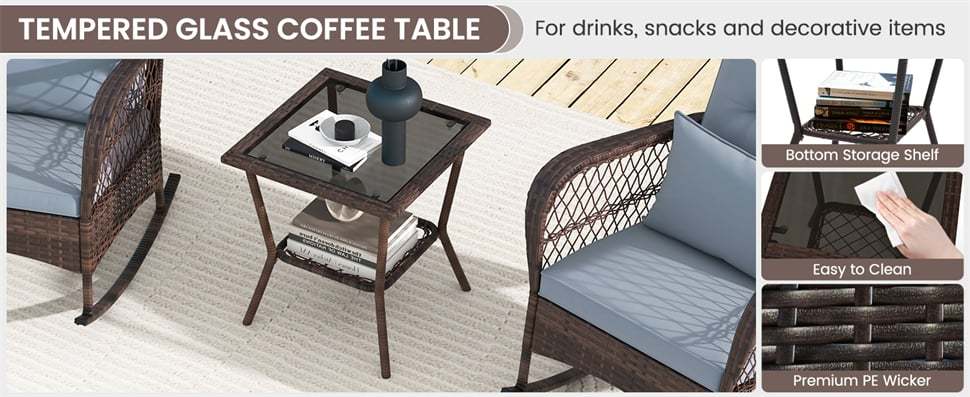 3-Piece Patio Rocker Set, Outdoor Wicker Rocking Chairs with 2-Layer Coffee Table, Cushions & Pillows, Rattan Bistro Set for Porch, Poolside