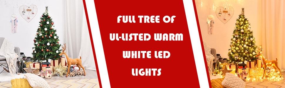 6FT Pre-lit Artificial Hinged Christmas Tree with 250 LED Lights Metal Stand